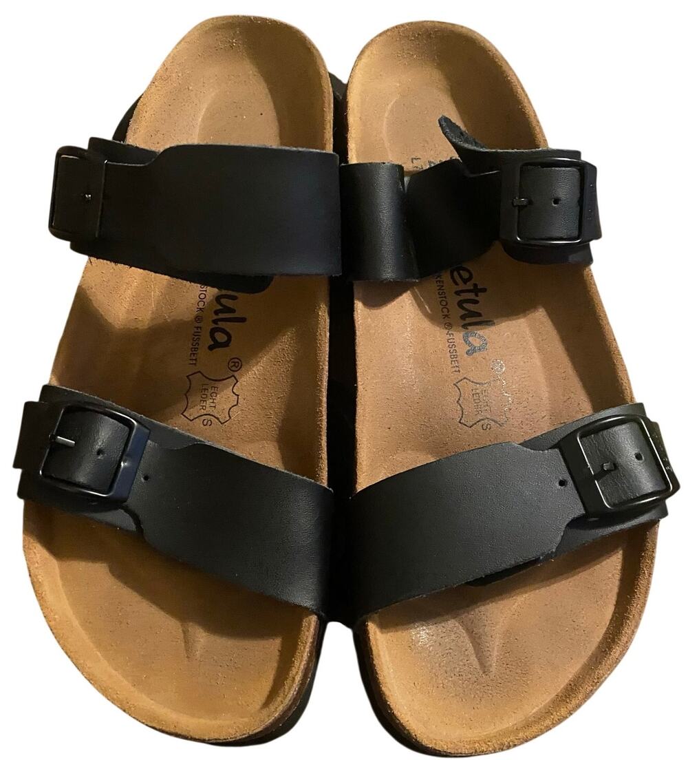 Betula Women’s Sandals, Leather, Black, Double Strap, Size 38 EU / 7 - 7.5 US